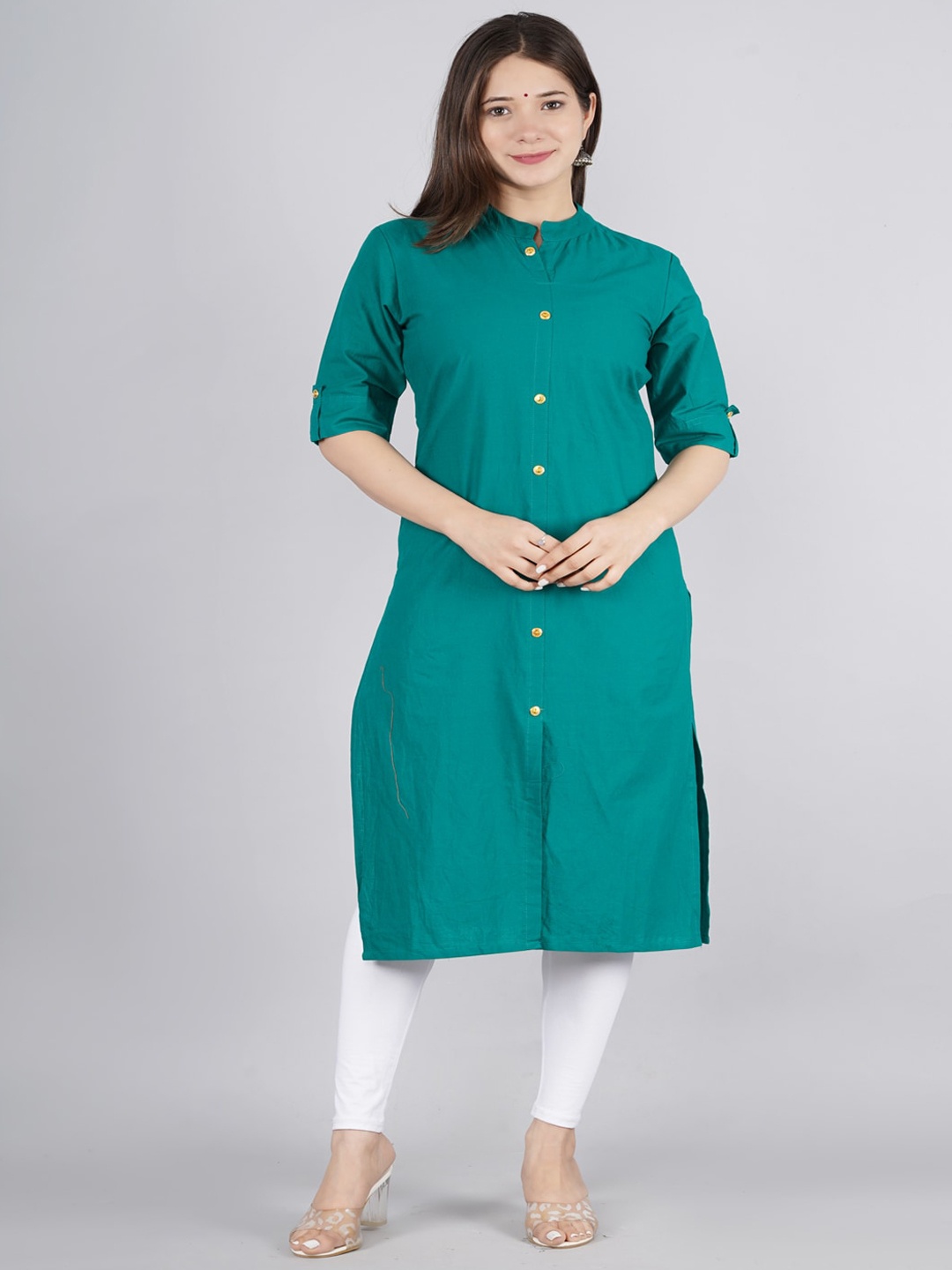 

kipek Women Green Solid Cotton Casual A-Line Kurta