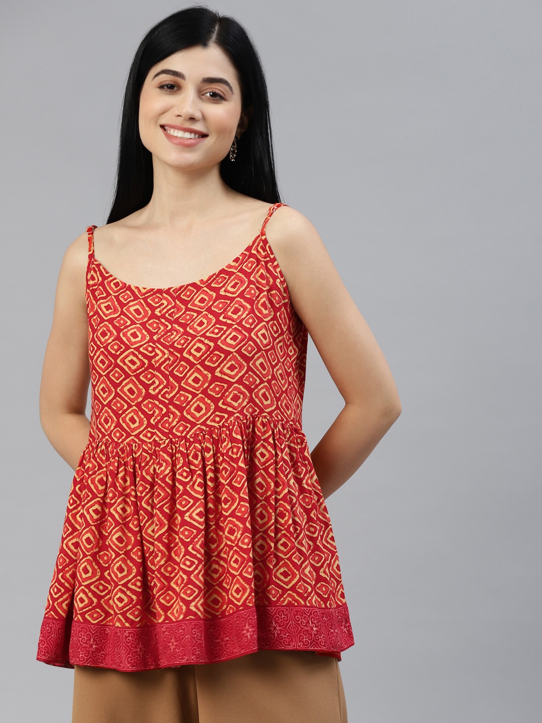 

MALHAAR Red & Orange Geometric Print Cinched Waist Top