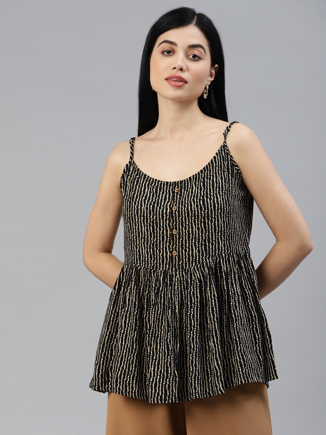 

MALHAAR Black & Beige Print Cinched Waist Top