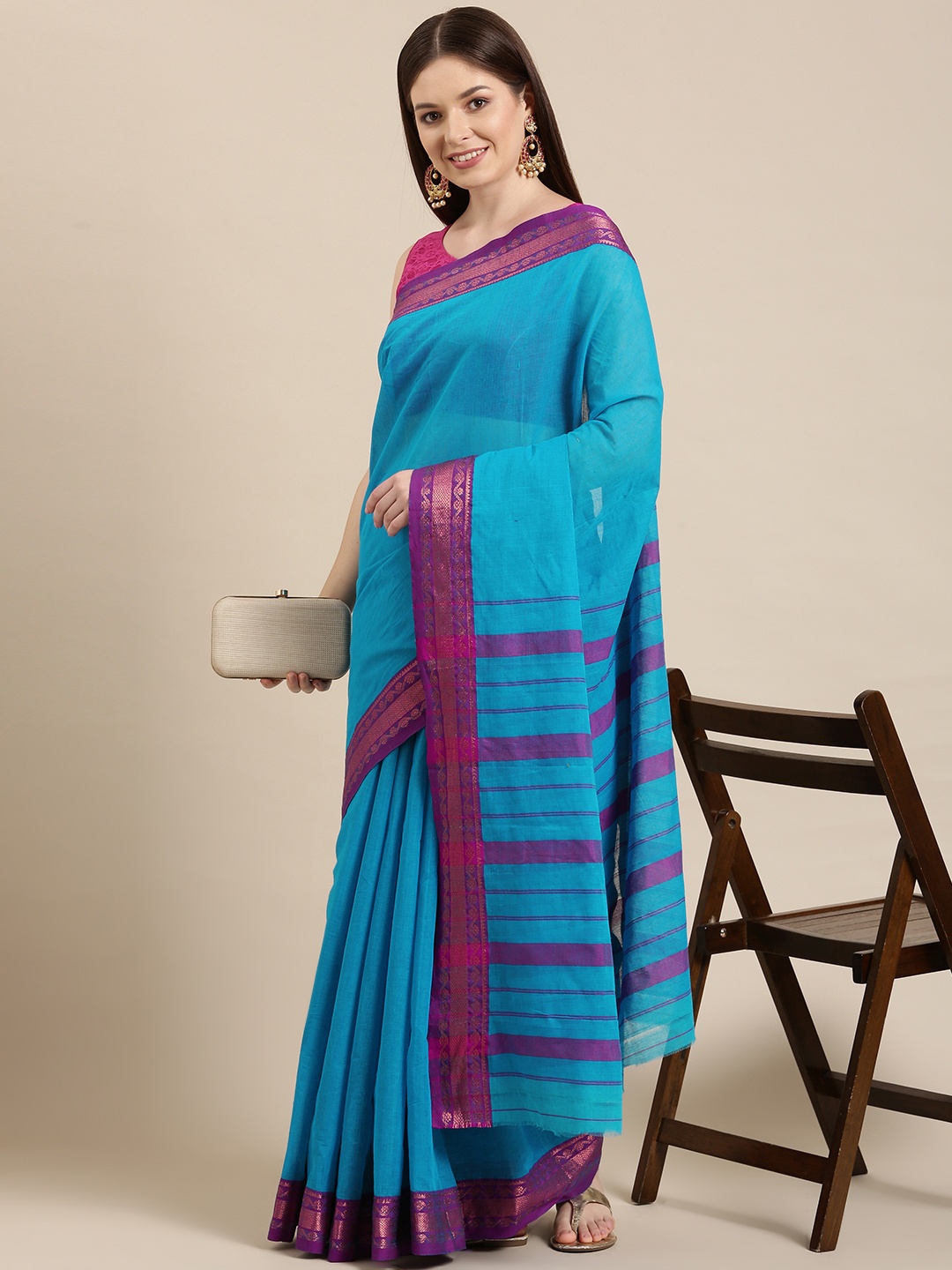 

KALINI Blue & Purple Pure Cotton Narayan Peth Saree