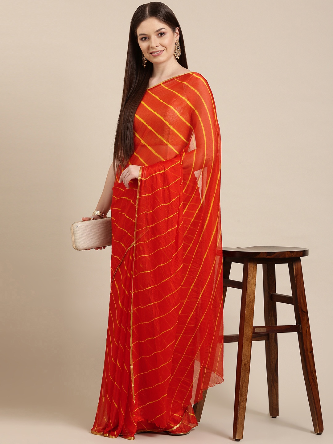 

KALINI Orange & Yellow Leheriya Art Silk Leheriya Saree