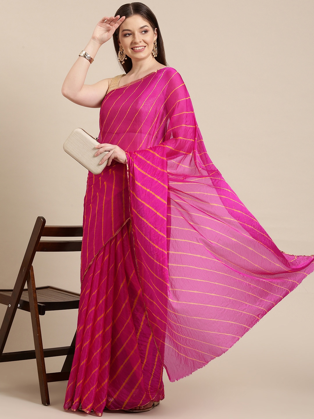 

KALINI Pink & Yellow Leheriya Art Silk Leheriya Saree