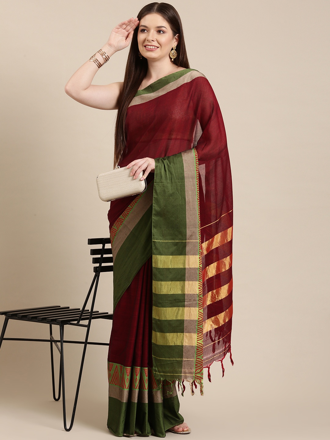 

KALINI Maroon & Green Striped Pure Cotton Narayan Peth Saree