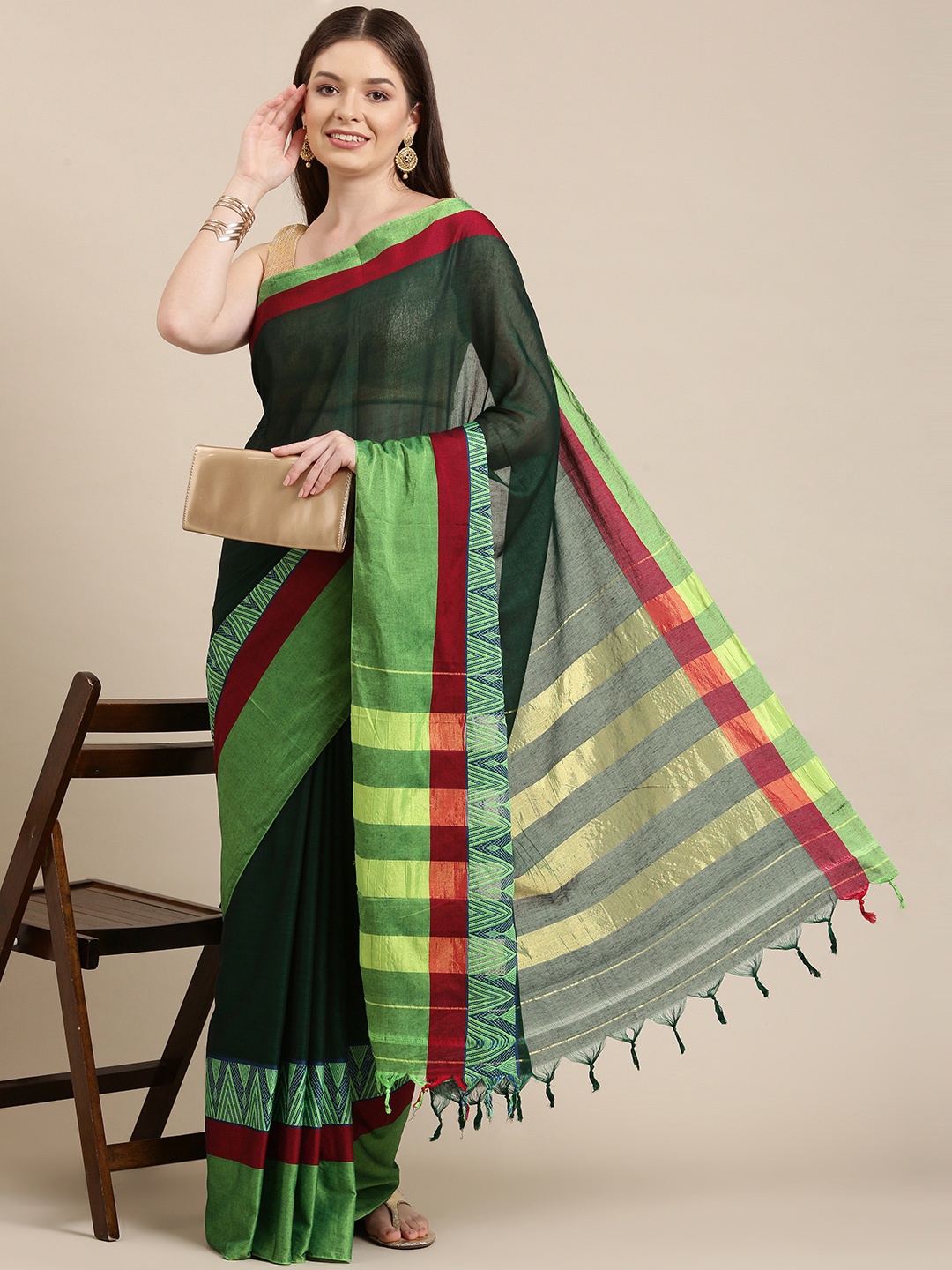 

KALINI Green Striped Pure Cotton Narayan Peth Saree