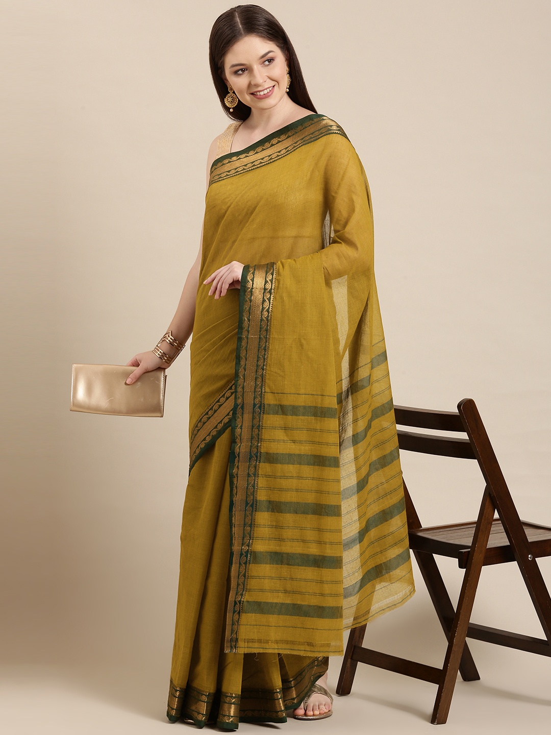 

KALINI Olive Green & Golden Pure Cotton Narayan Peth Saree