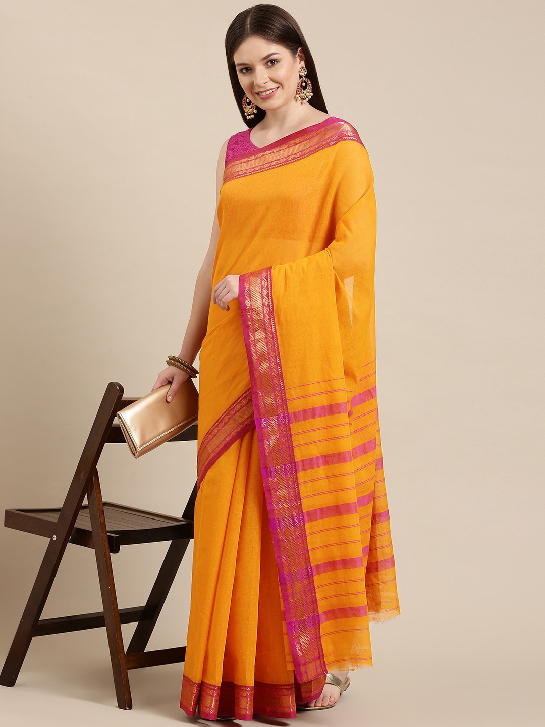 

KALINI Yellow & Pink Pure Cotton Narayan Peth Saree