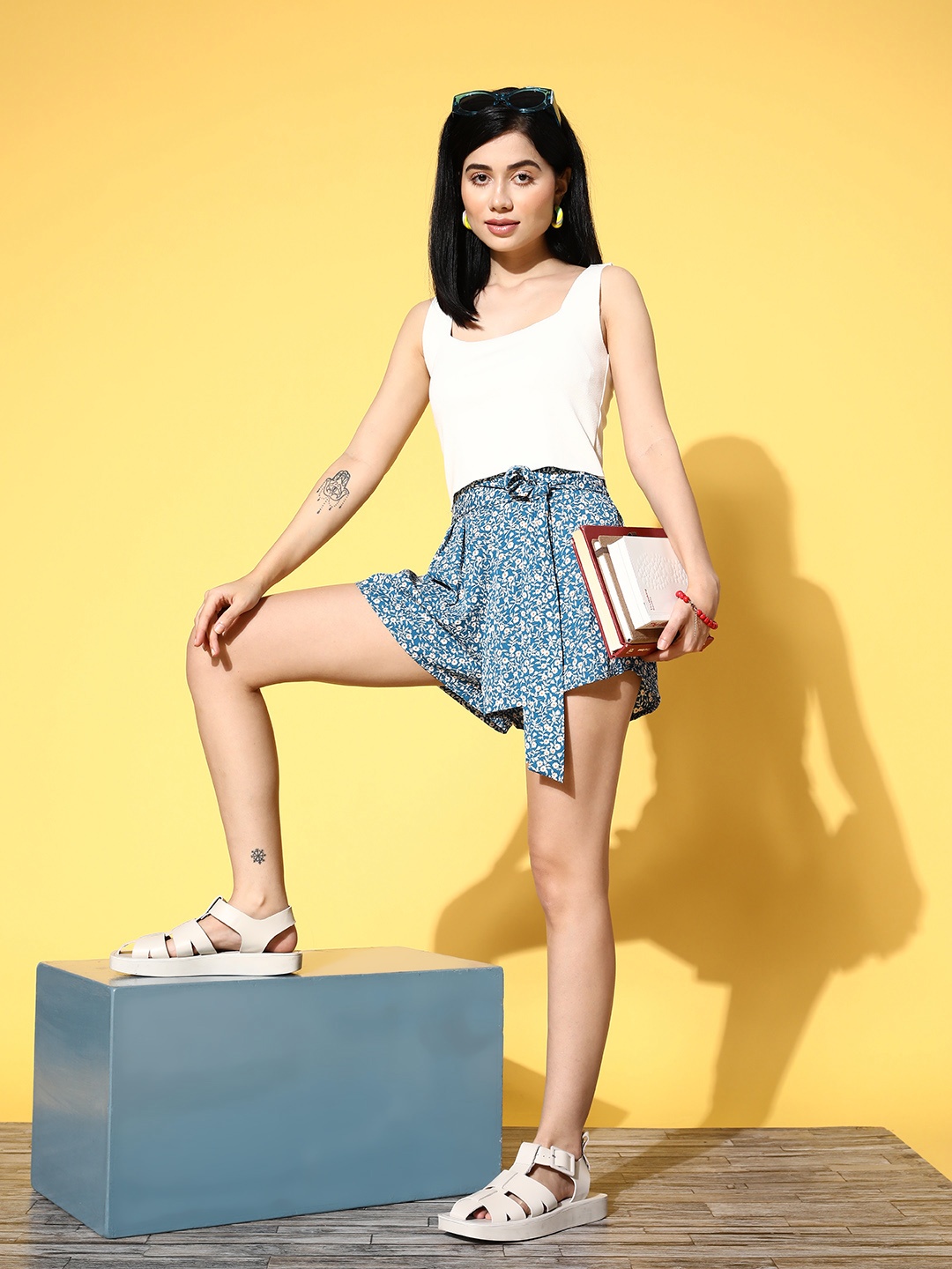 

Berrylush Women Deep Blue Floral Fluid Tie-Up Shorts