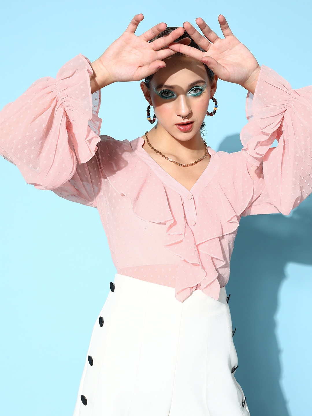 

Berrylush Pretty Pink Geometric Ruffled Top