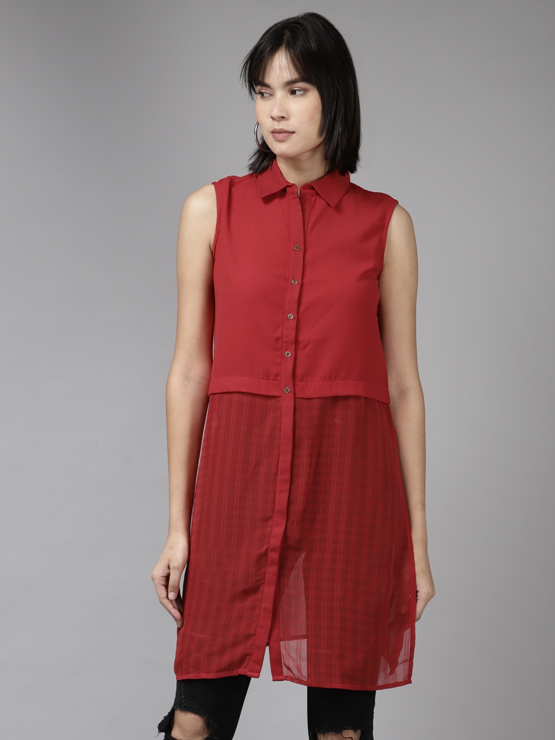 

Aarika Red Checked Georgette Shirt Style Longline Top