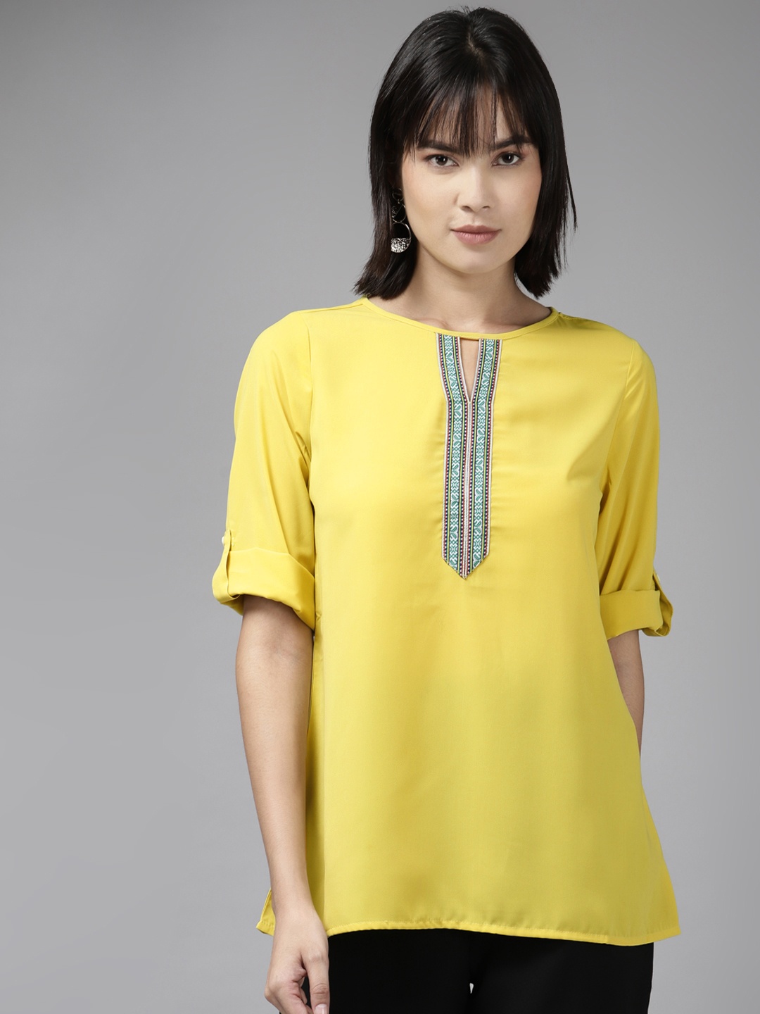 

Aarika Yellow Keyhole Neck Roll-Up Sleeves Georgette Top