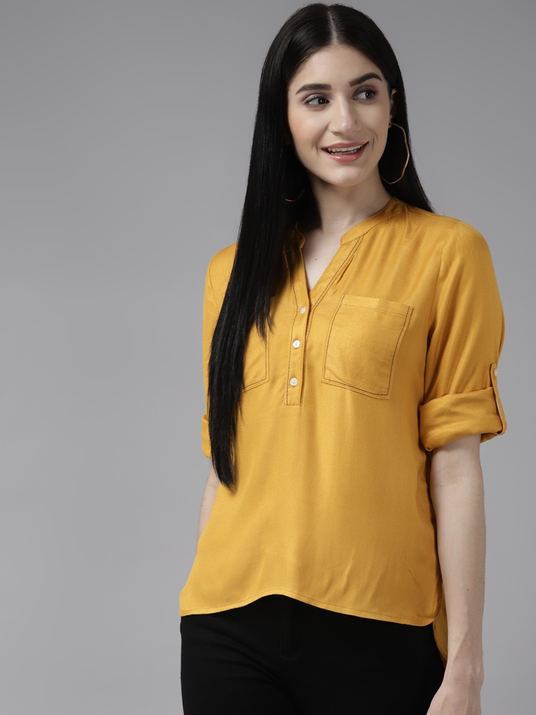 

Aarika Yellow Mandarin Collar Roll-Up Sleeves Georgette Shirt Style Top