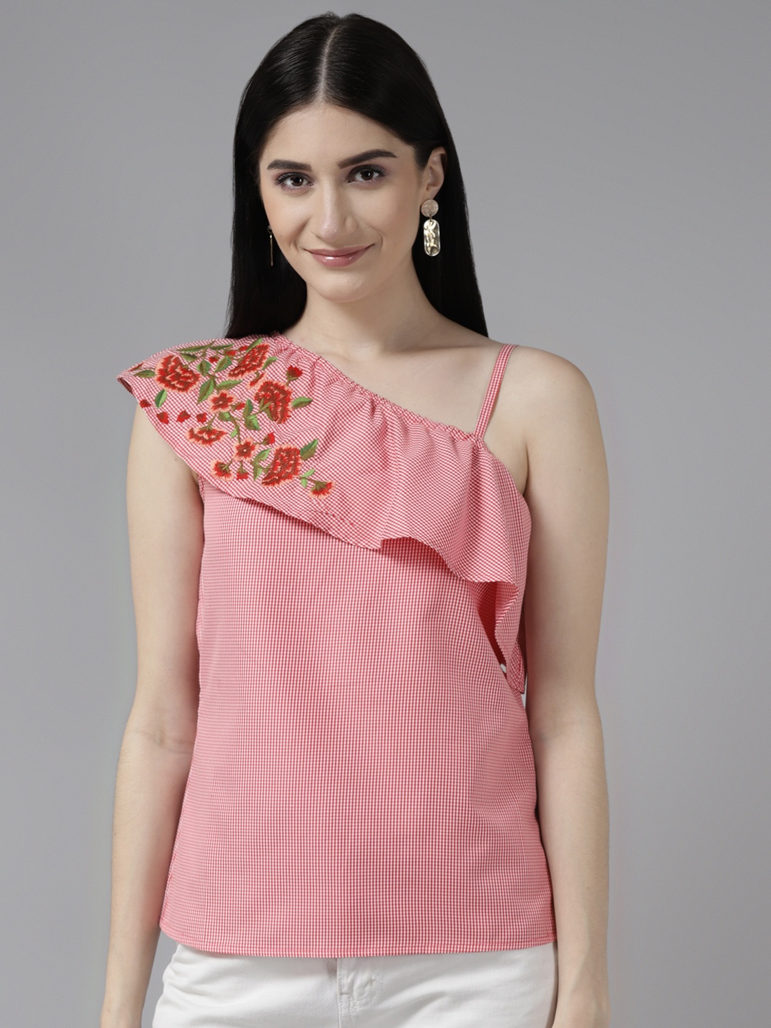 

Aarika Red Floral Embroidered One Shoulder Layered Georgette Top