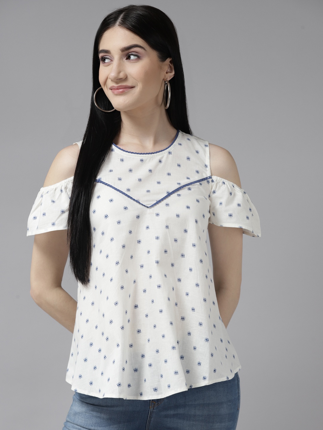 

Aarika White Geometric Print Georgette Top