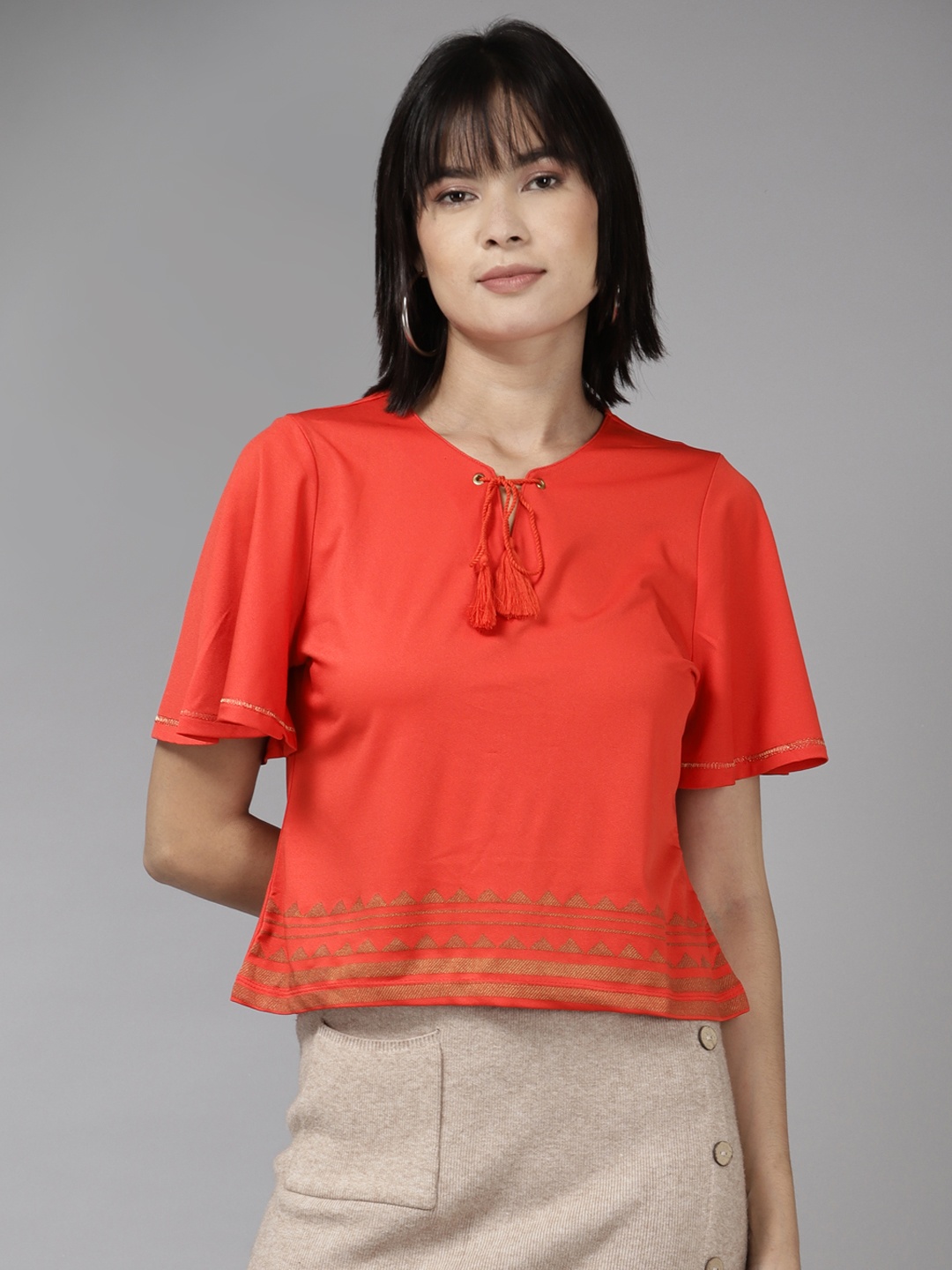 

Aarika Red Tie-Up Neck Georgette Top