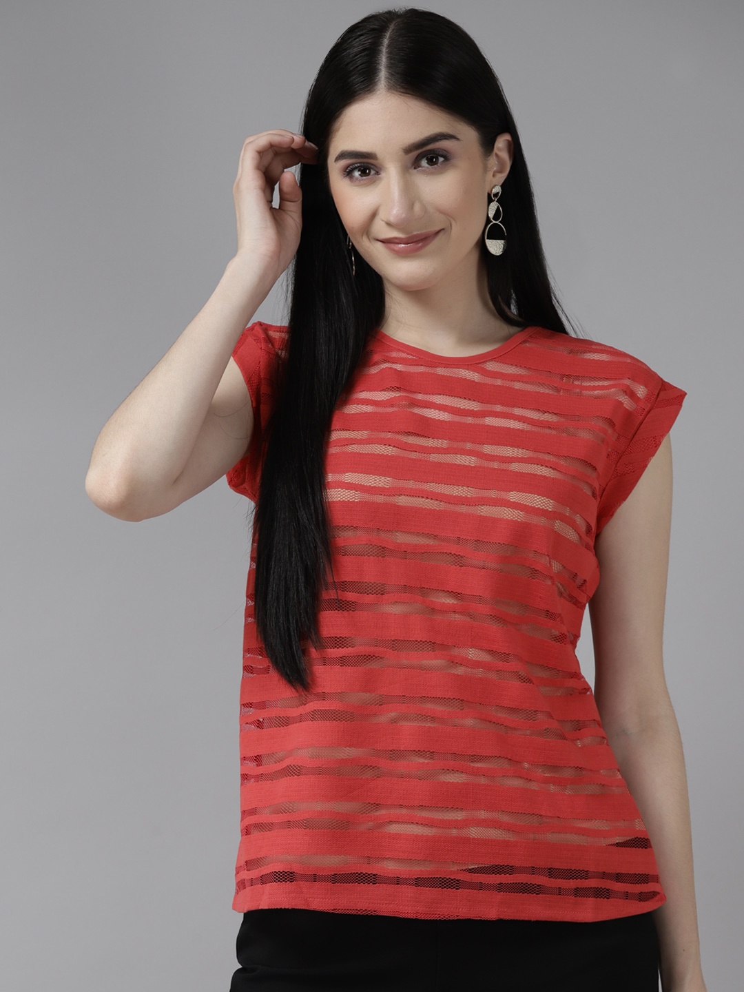 

Aarika Red Striped Extended Sleeves Georgette Top