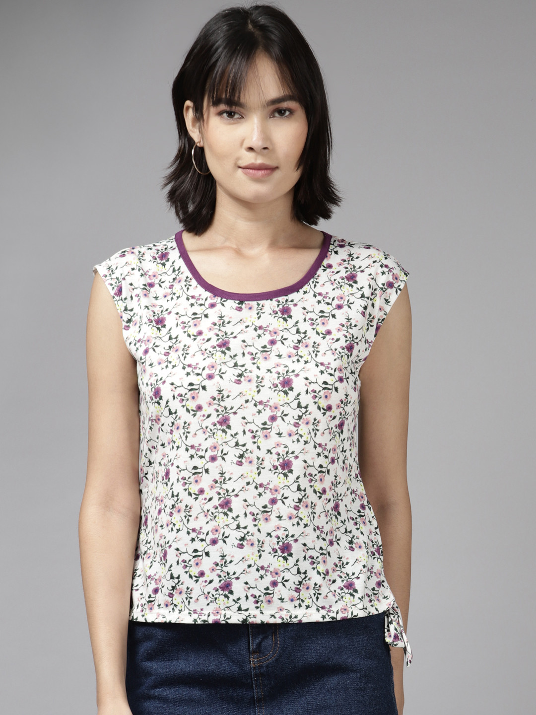 

Aarika White & Purple Floral Print Georgette Top