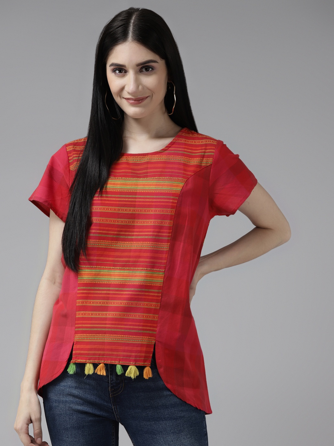 

Aarika Red Striped Georgette Longline Top