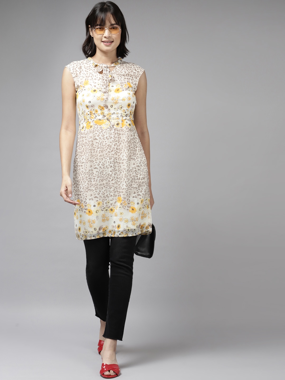 

Aarika Yellow & Cream-Coloured Floral Print Tie-Up Neck Georgette Longline Top