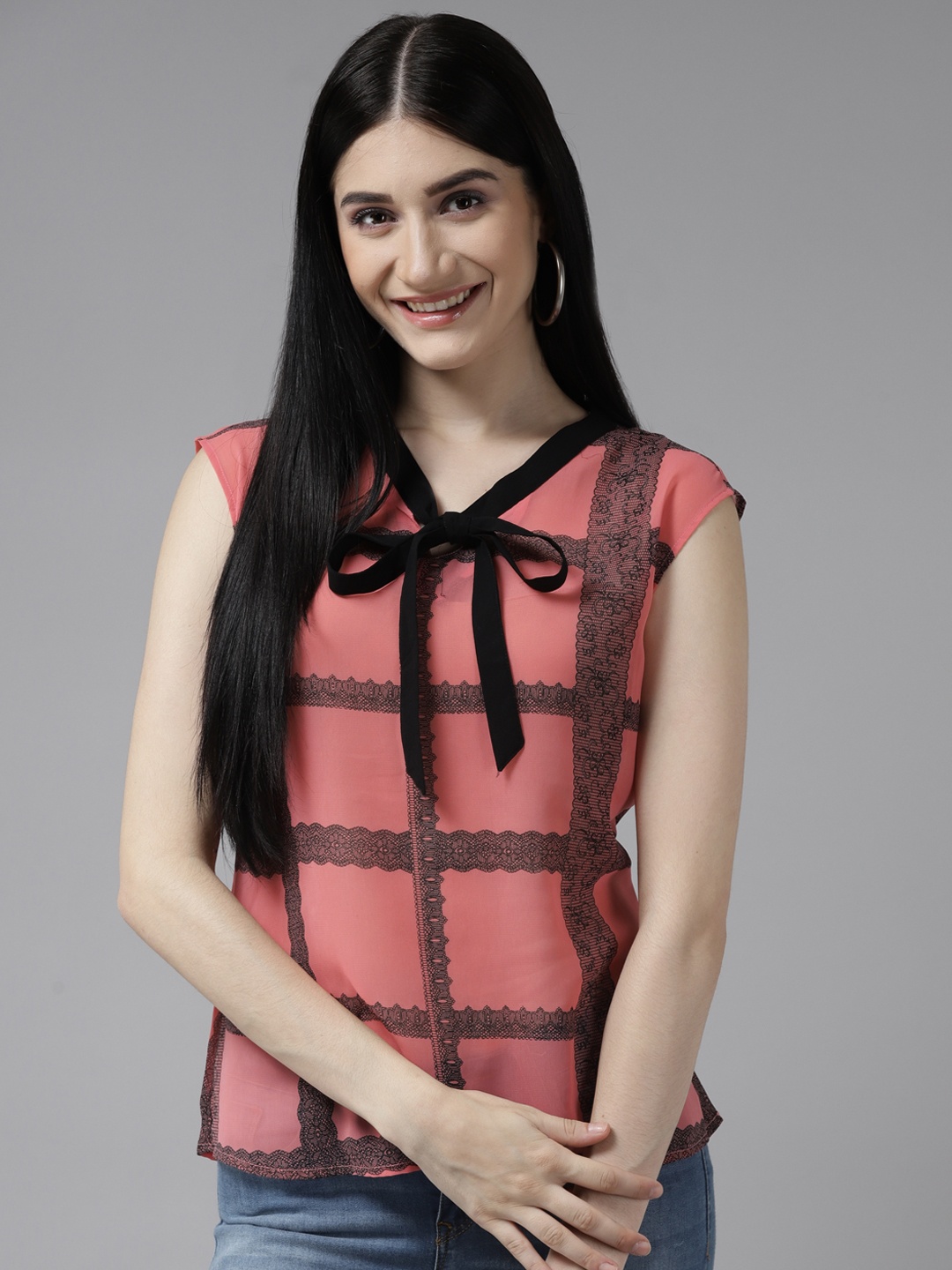 

Aarika Peach-Coloured & Black Checked Tie-Up Neck Top