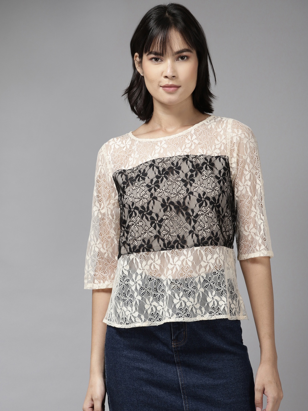 

Aarika Cream-Coloured & Black Floral Georgette Top