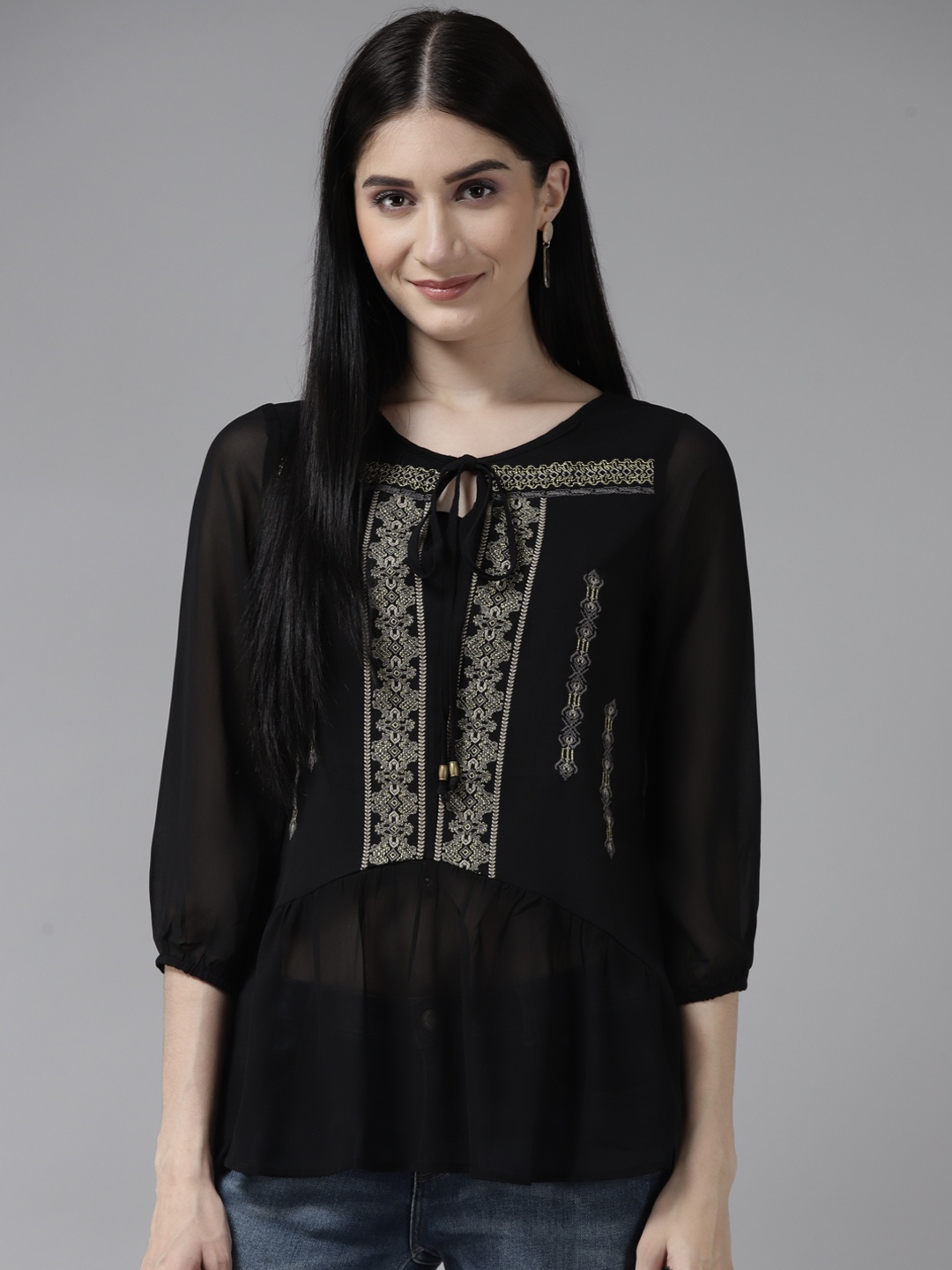 

Aarika Black & Gold-Toned Embroidered Tie-Up Neck Georgette Top