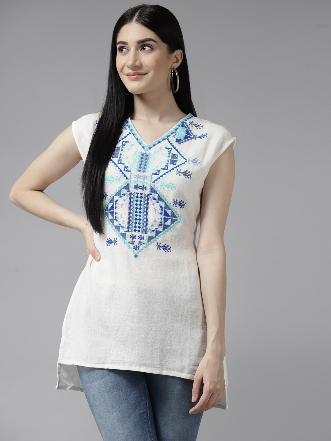 

Aarika White & Blue Geometric Print Georgette Longline Top
