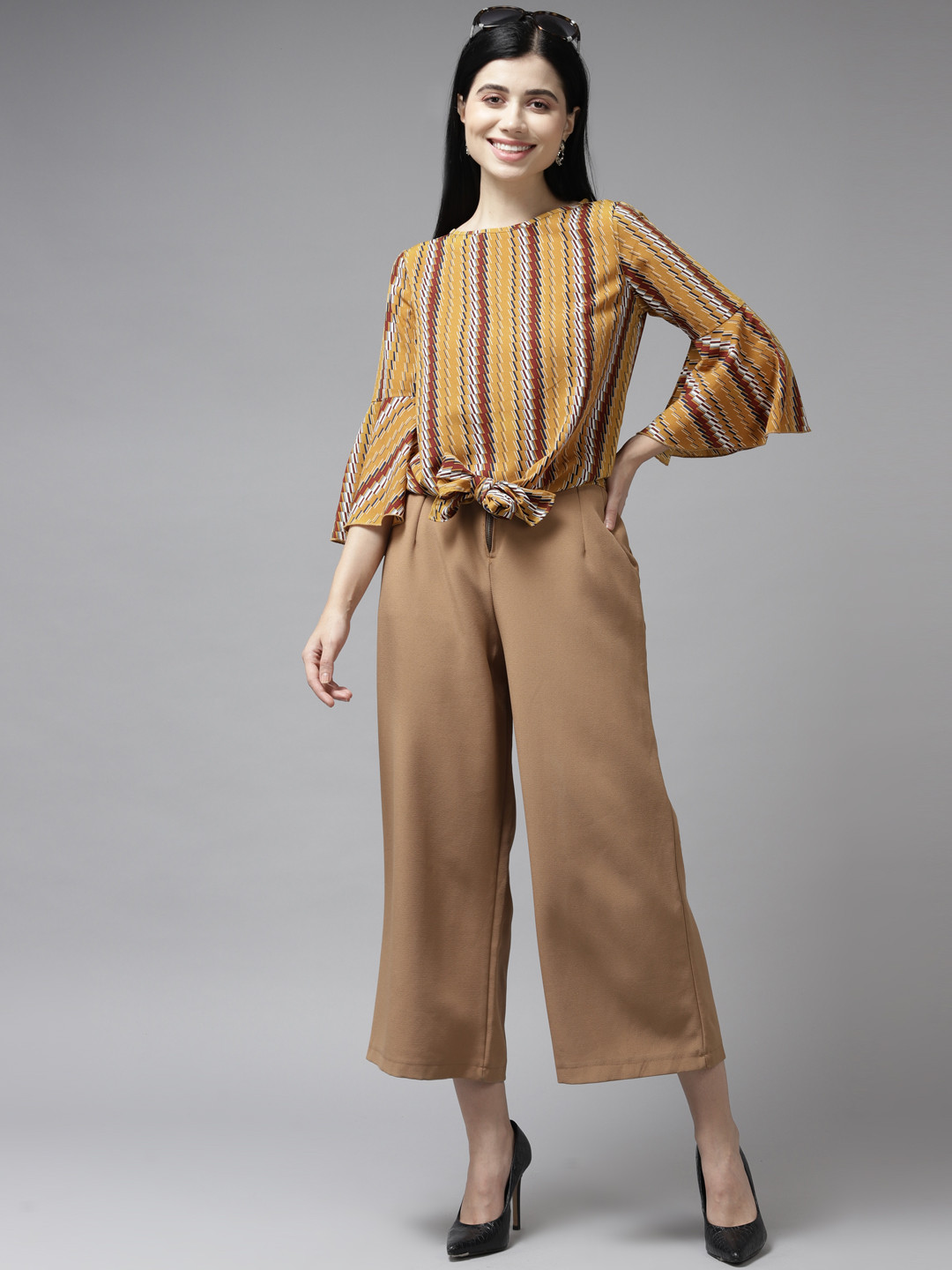 

Aarika Yellow & Brown Geometric Print Georgette Top