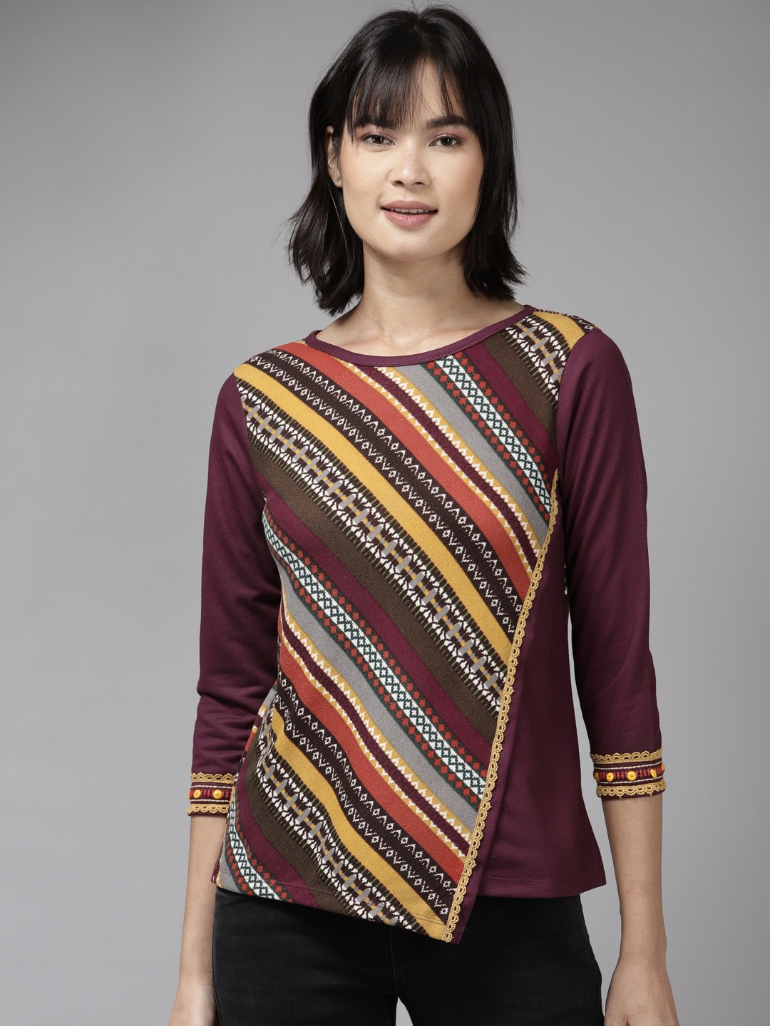 

Aarika Burgundy & Yellow Print Layered Georgette Top