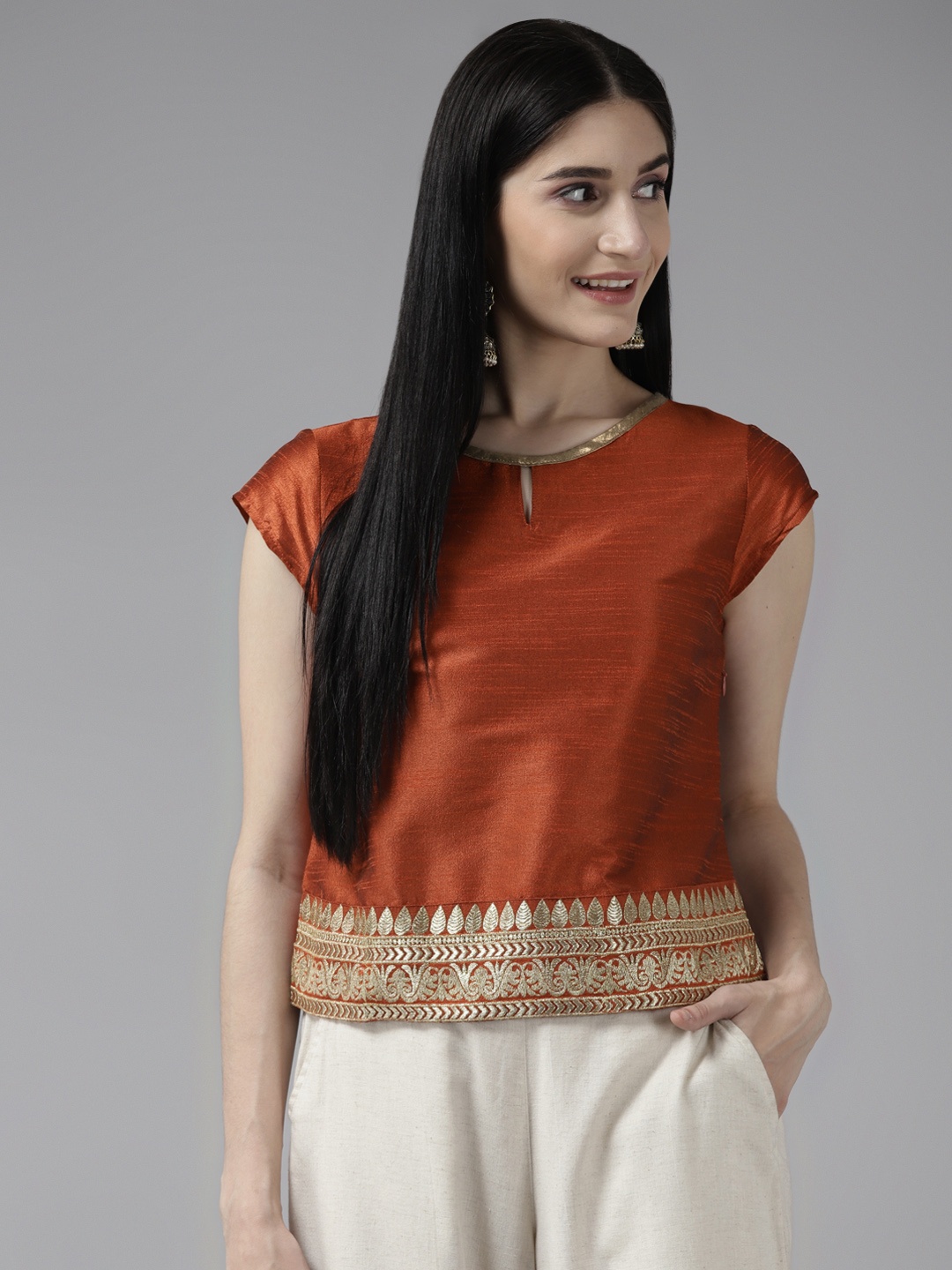 

Aarika Rust Embroidered Keyhole Neck Georgette Top