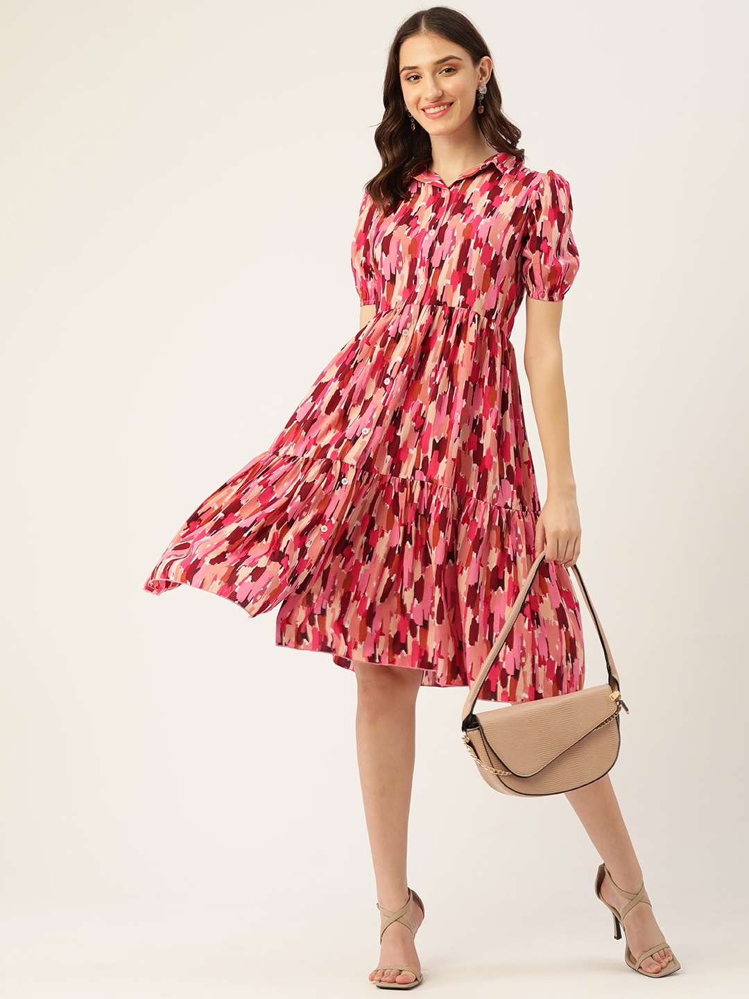 

Berrylush Pink & Red Abstract Print A-Line Dress