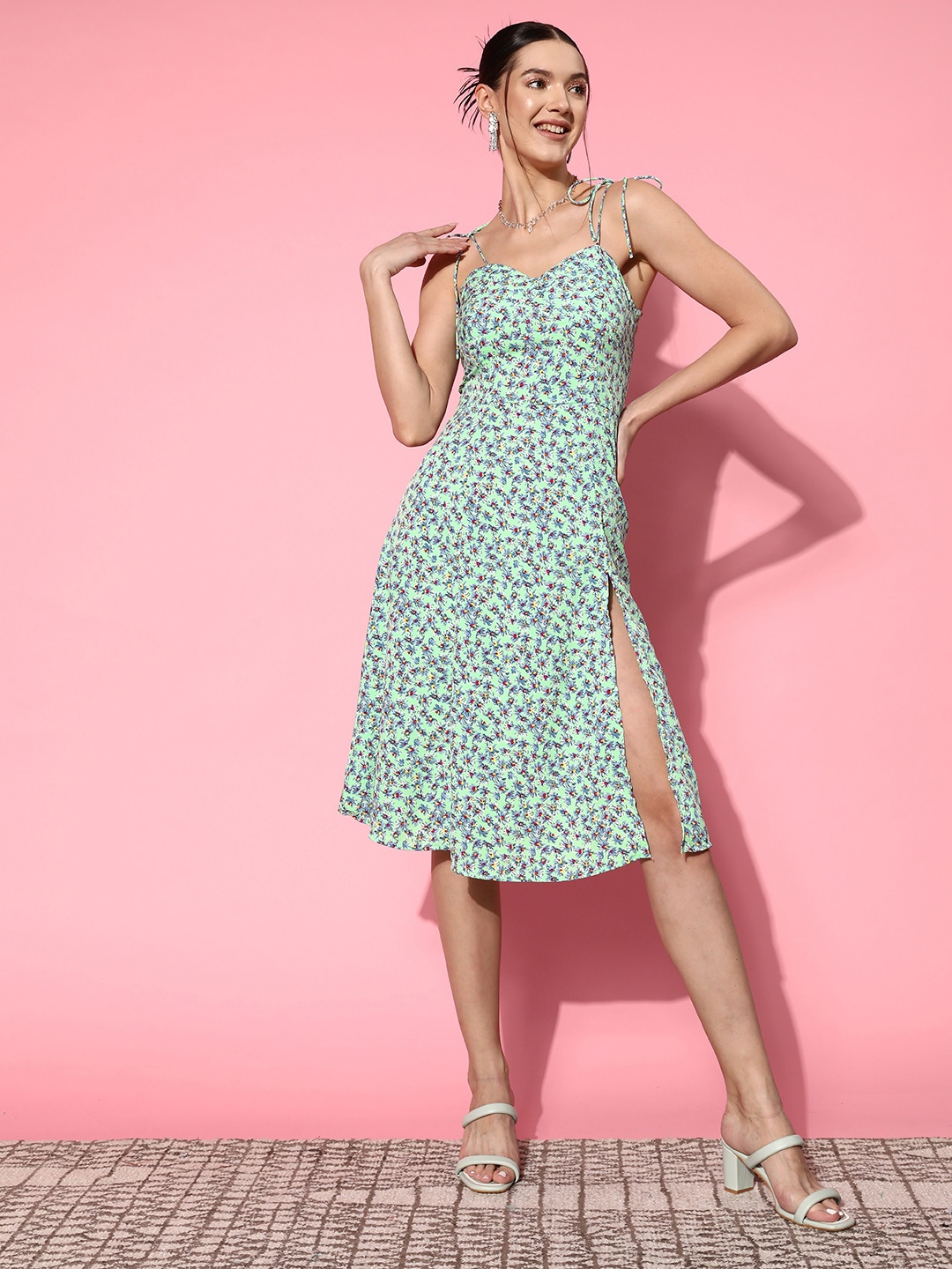 

Berrylush Green & Blue Floral Print Crepe A-Line Dress With Slit