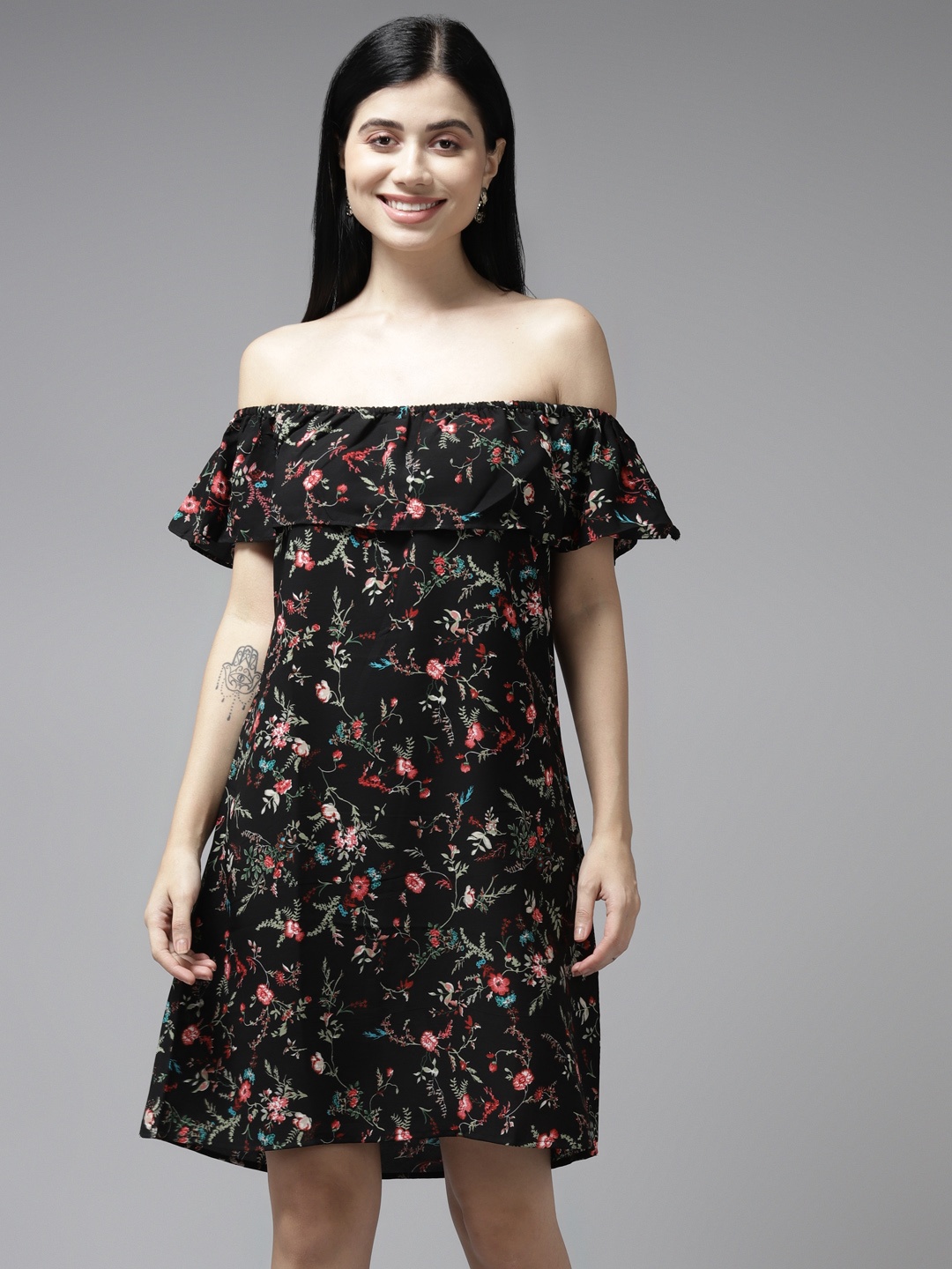 

Aarika Black & Red Floral Off-Shoulder Georgette A-Line Dress