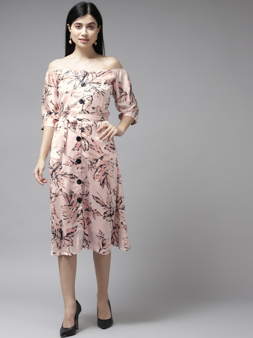 

Aarika Pink Floral Off-Shoulder Georgette A-Line Midi Dress