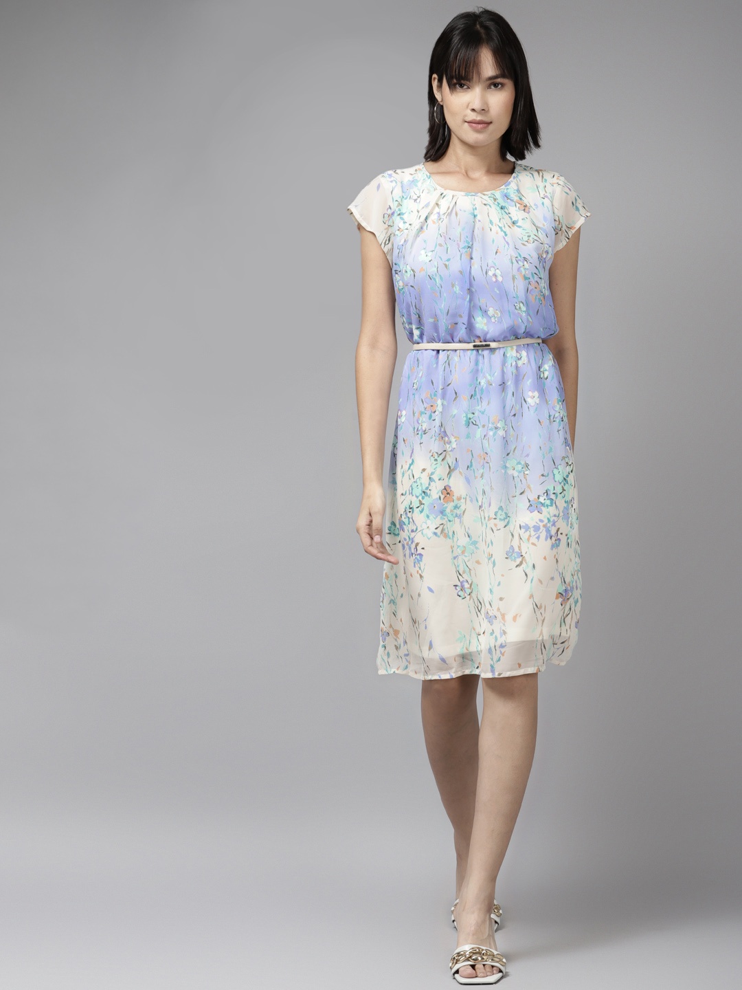 

Aarika Blue & White Floral Georgette A-Line Dress