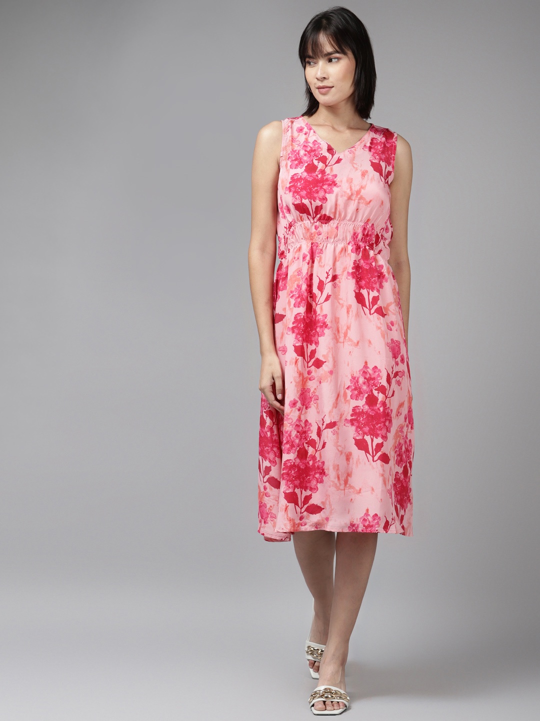 

Aarika Pink Floral Georgette A-Line Midi Dress