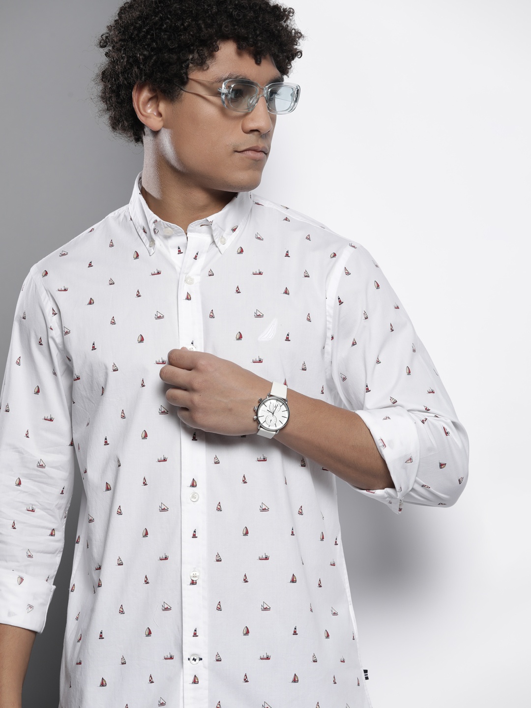 

Nautica Men Slim Fit Stretch Printed Casual Shirt, White