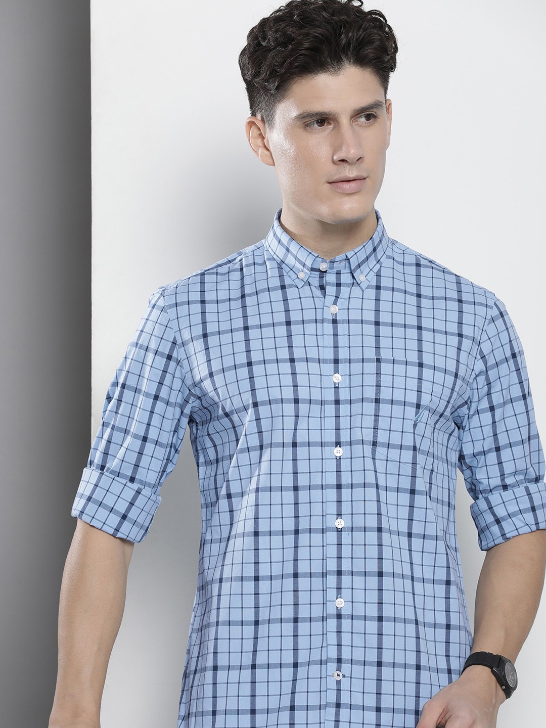 

Nautica Men Slim Fit Checked Button-Down Collar Casual Shirt, Blue