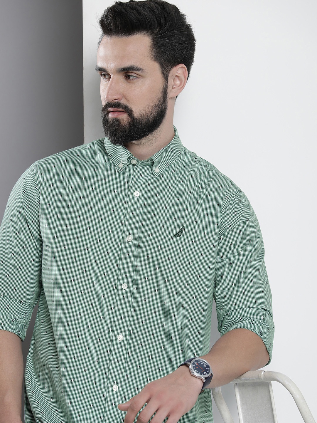 

Nautica Classic Fit Micro Checked And Embroidered Pure Cotton Casual Shirt, Green