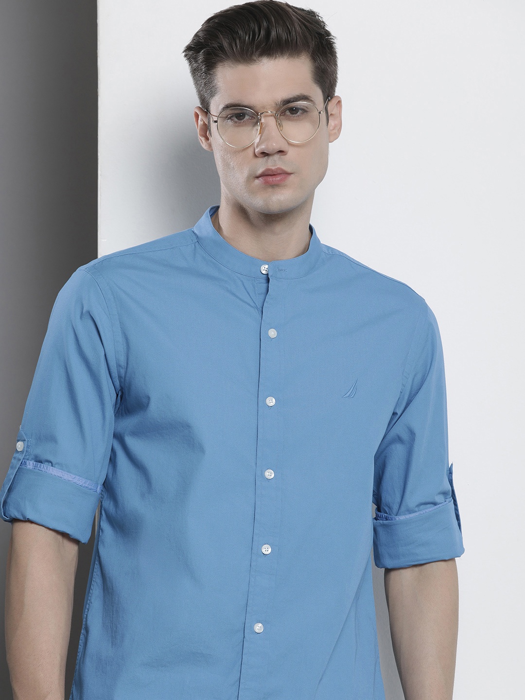 

Nautica Men Pure Cotton Slim Fit Opaque Casual Shirt, Blue
