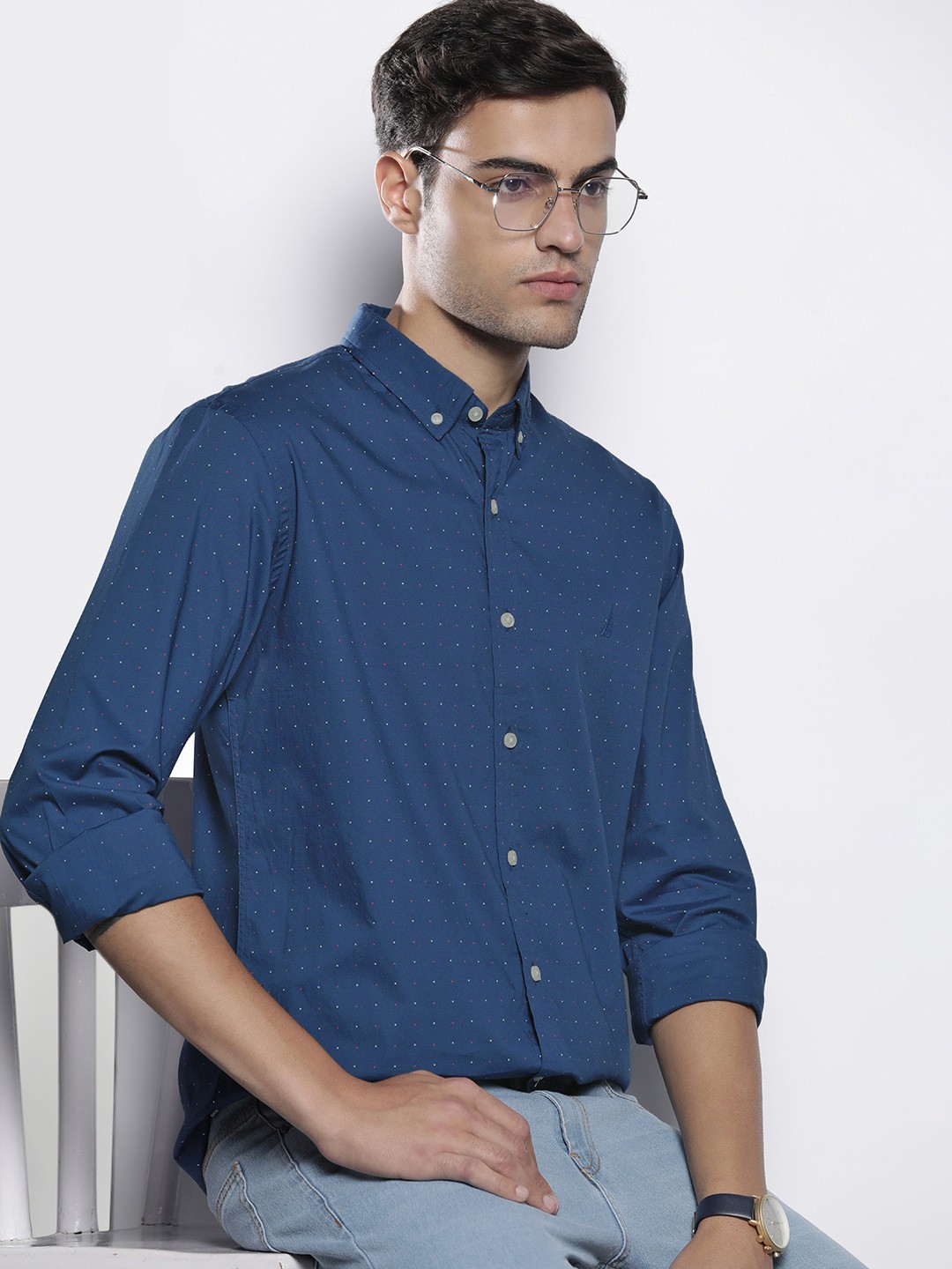 

Nautica Slim Fit Printed Casual Shirt, Blue