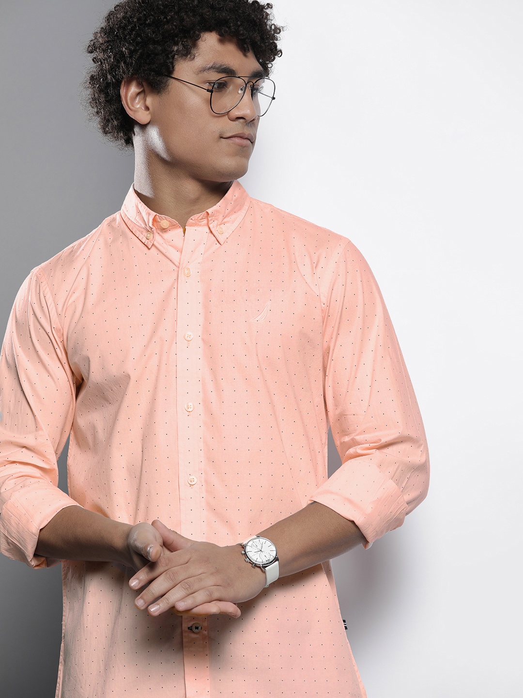 

Nautica Men Slim Fit Stretch Printed Casual Shirt, Peach