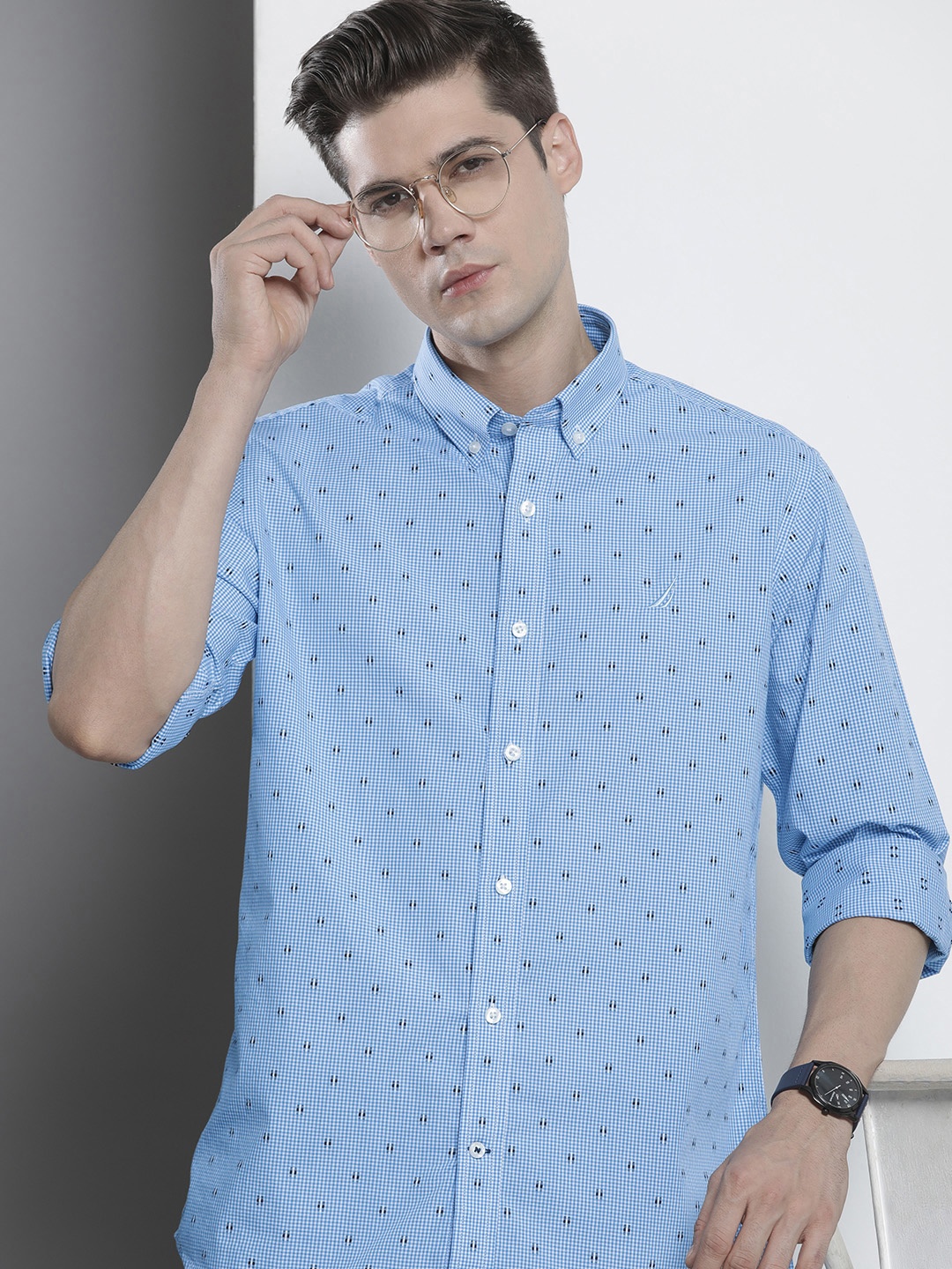 

Nautica Men Pure Cotton Classic Micro Checks Opaque Casual Shirt, Blue