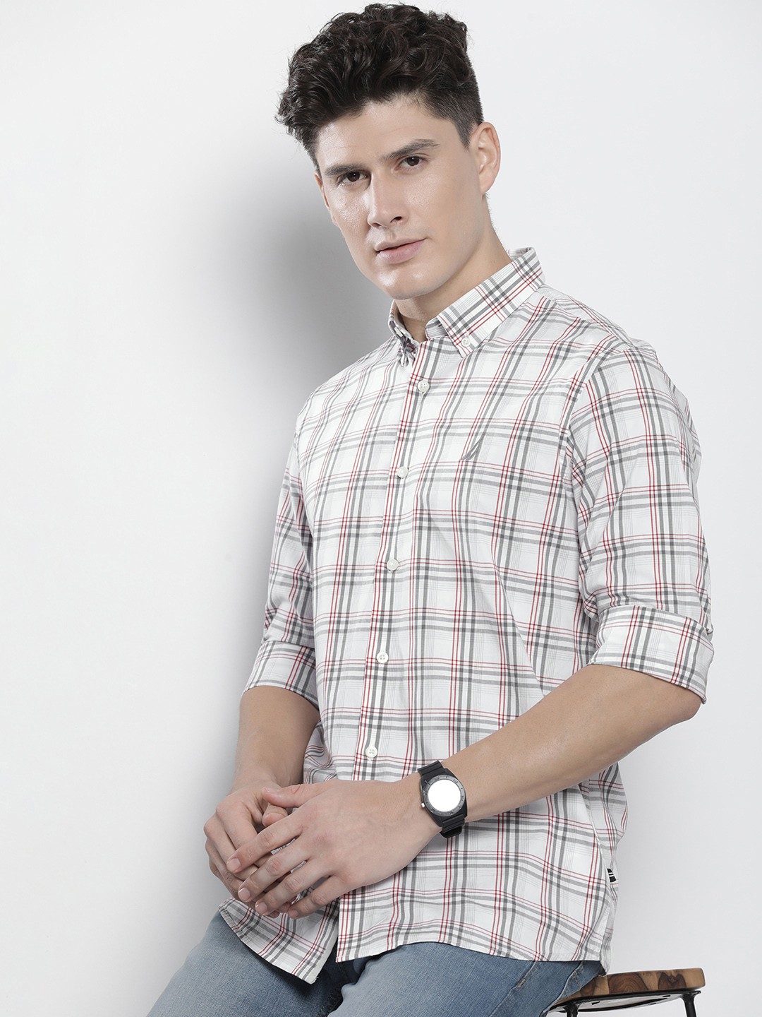 

Nautica Classic Tartan Checked Casual Shirt, White