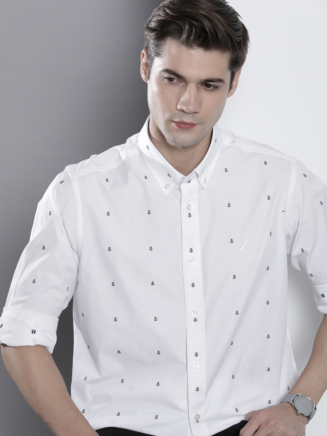 

Nautica Classic Fit Conversational Printed Pure Cotton Casual Shirt, White
