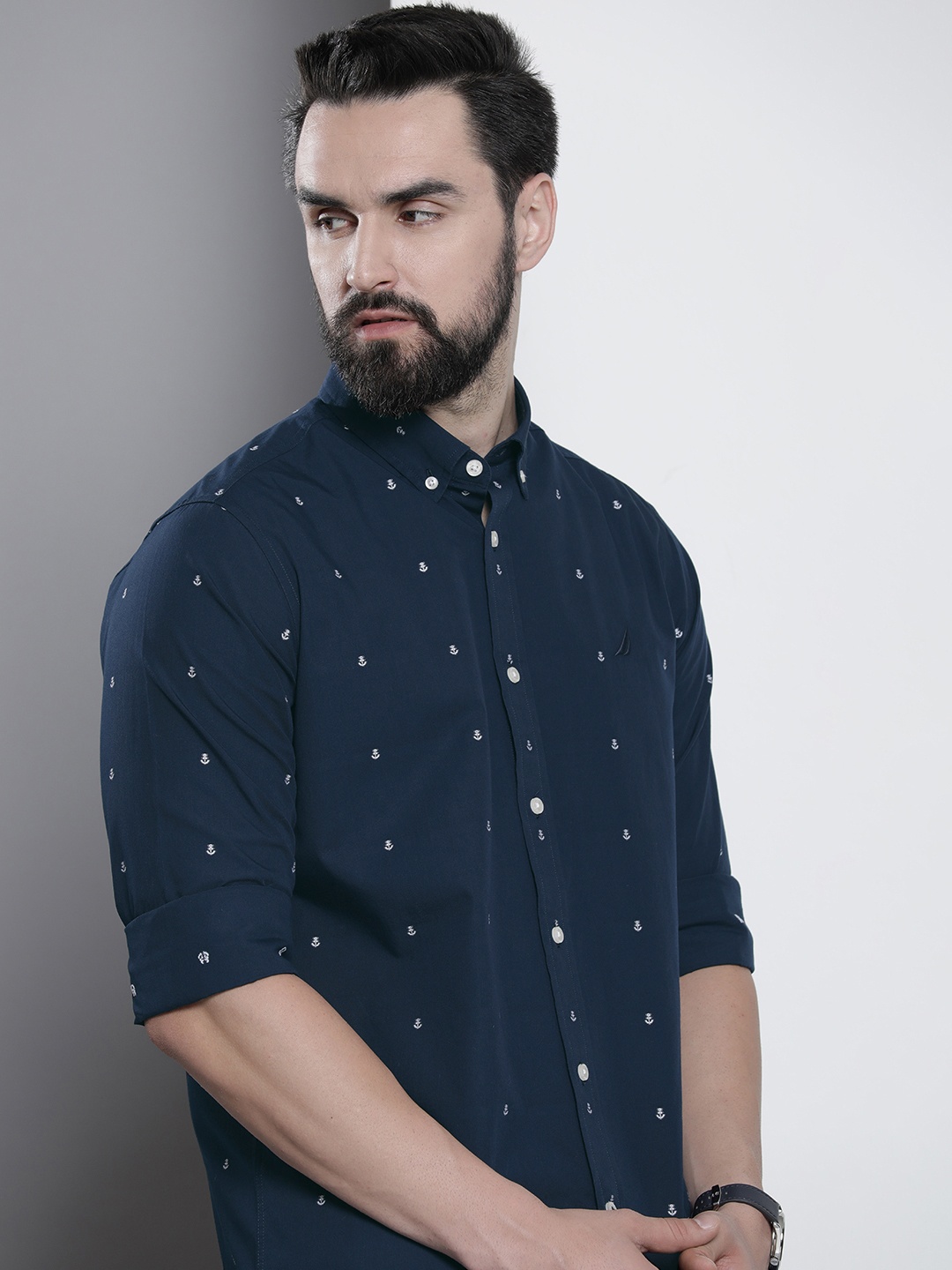 

Nautica Classic Fit Conversational Printed Pure Cotton Casual Shirt, Navy blue