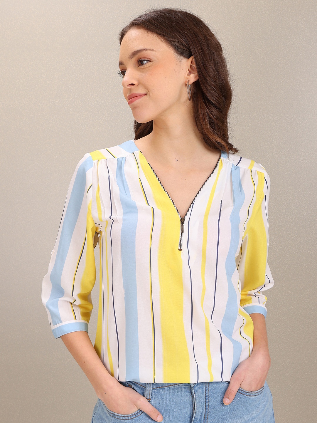 

U S Polo Assn Women White & Yellow Striped Roll-Up Sleeves Crepe Top