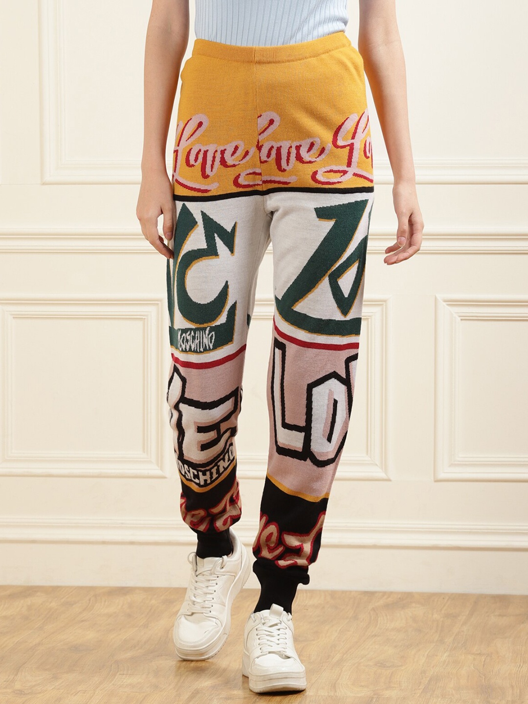 

LOVE MOSCHINO Women Yellow & White Printed Joggers