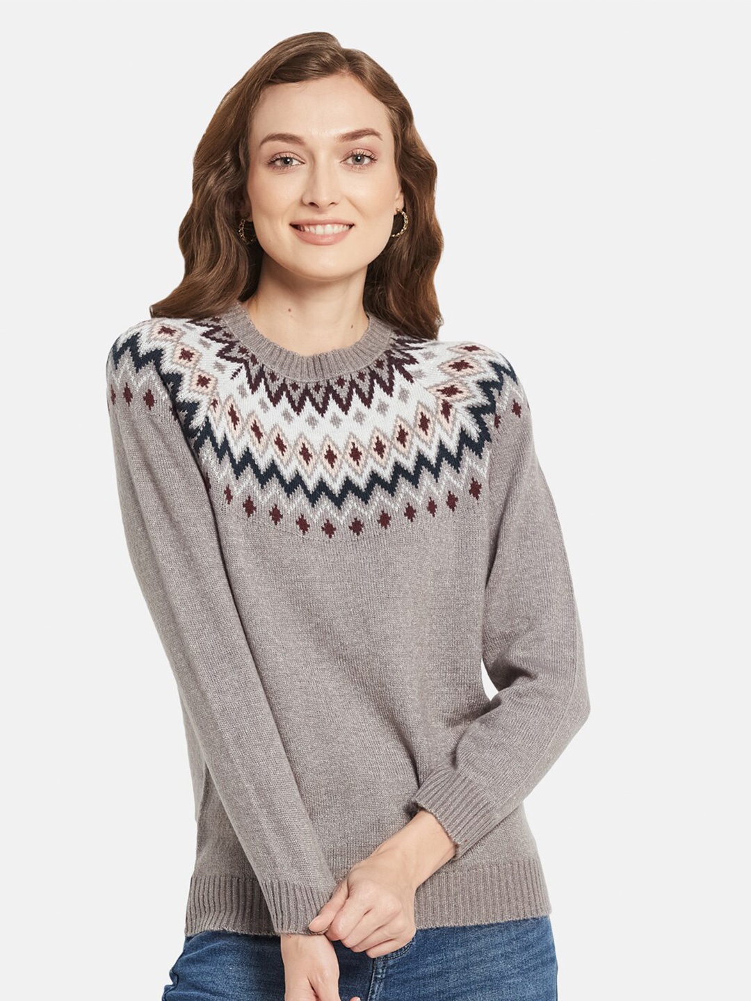 

METTLE Women Grey & White Printed Pullover