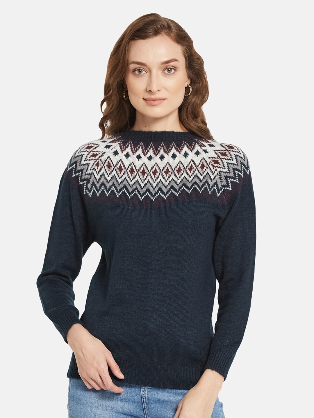 

METTLE Women Navy Blue & White Printed Pullover