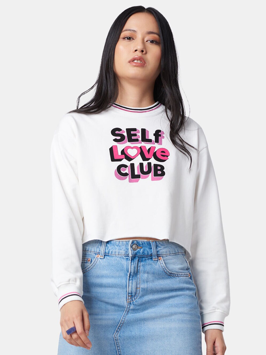 

The Souled Store Women White Self Love Club Typography Print Oversized Crop Sweatshirt